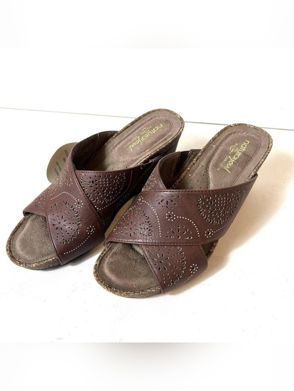 Natural Soul Brown Perforated Crossover Wedge Heel Sandals